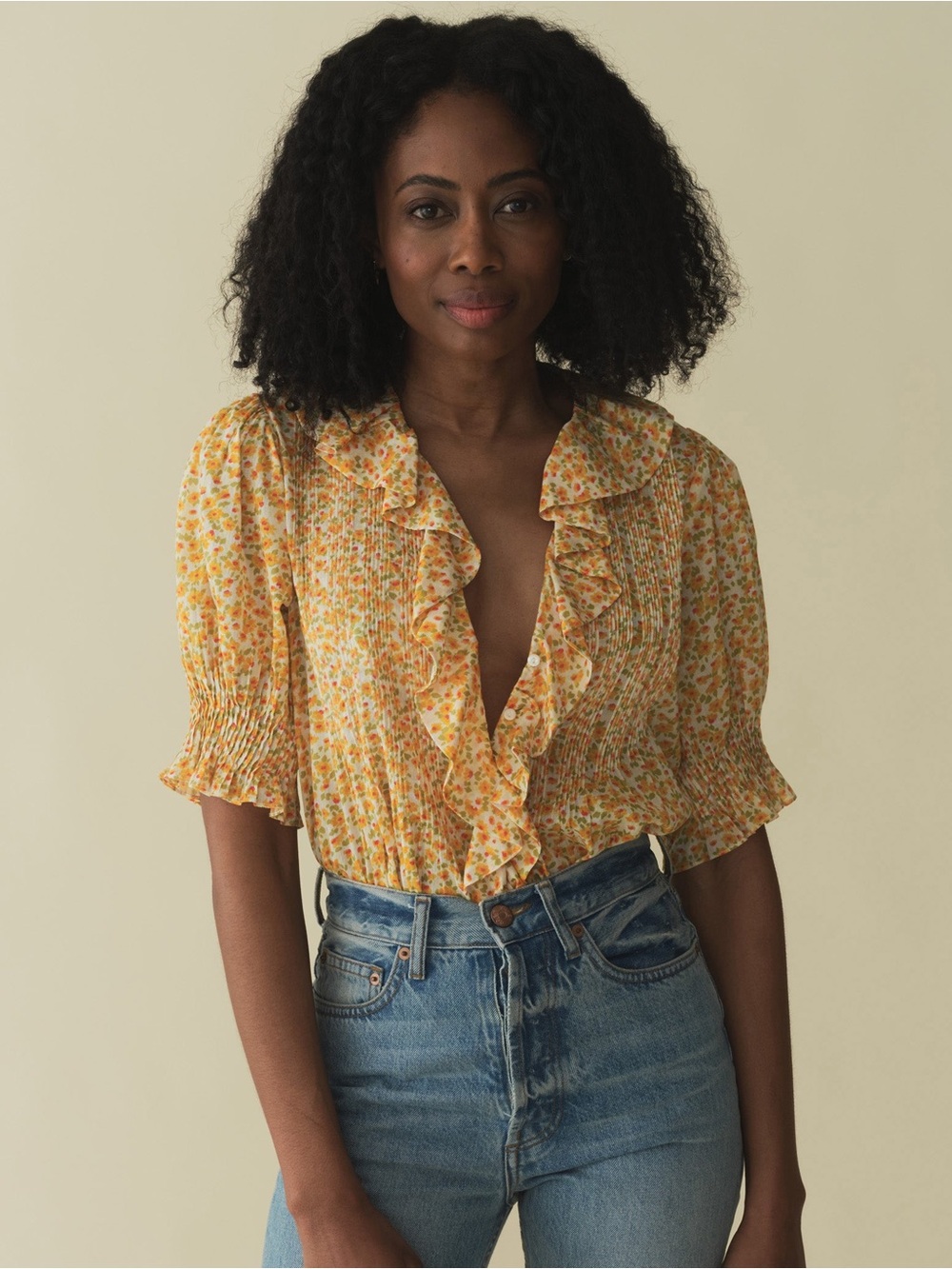 Doen Women's Henri Clementine Ruffle-Trimmed Cotton Top Small
